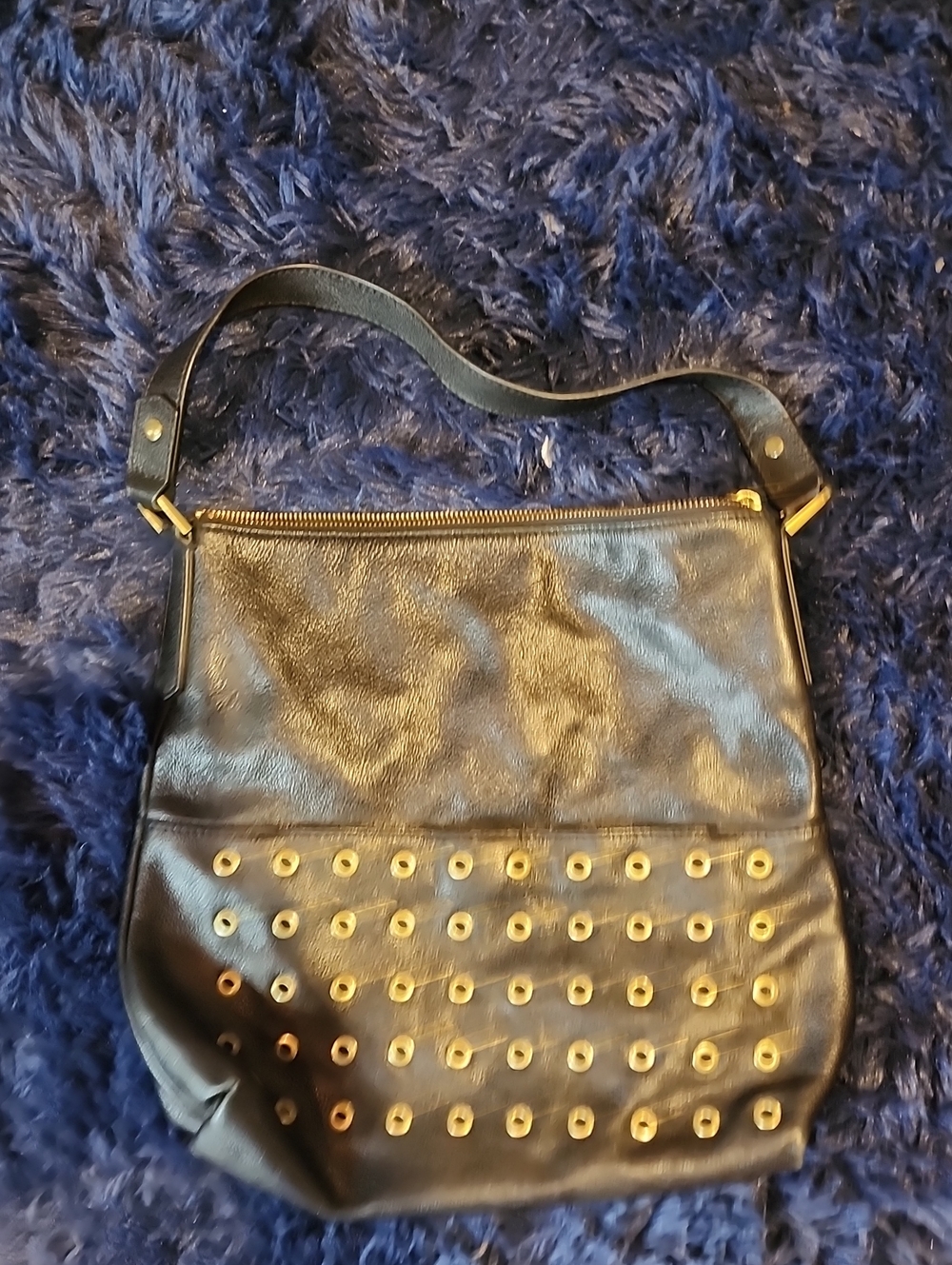 Fossil Black Leather Shoulder Bag with Gold Eyelet Accents